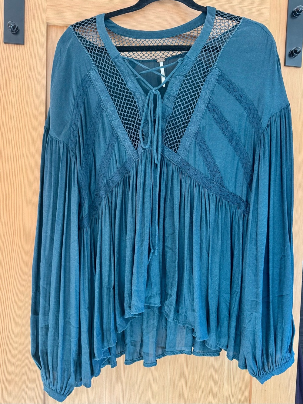 Free People Teal Lace-Up Peasant Blouse with front ties Women’s L
